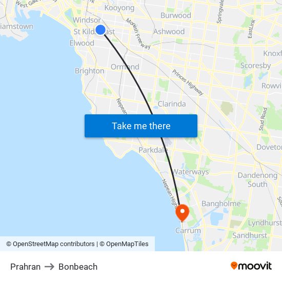 Prahran to Bonbeach map