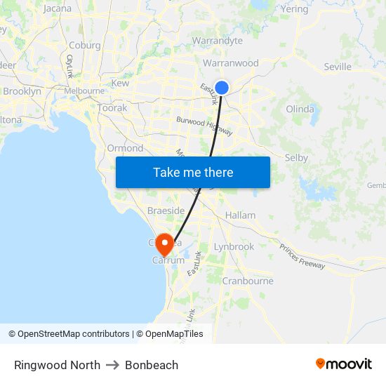 Ringwood North to Bonbeach map