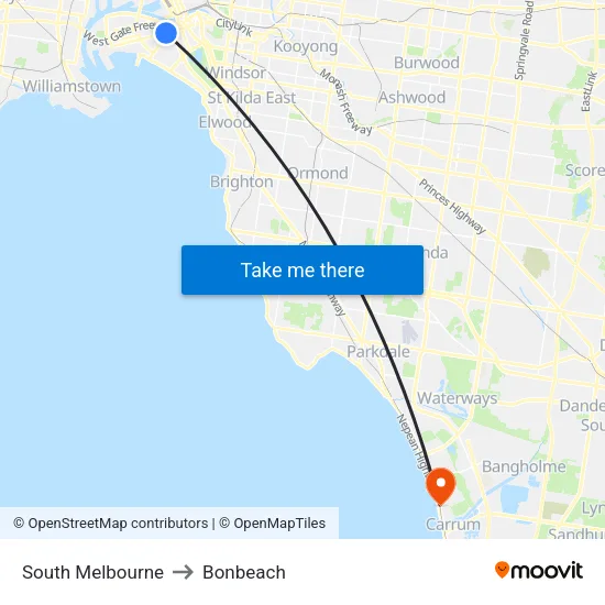 South Melbourne to Bonbeach map