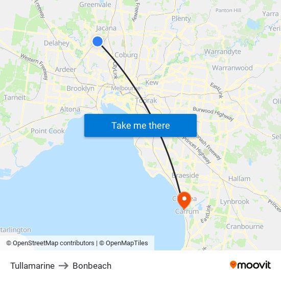 Tullamarine to Bonbeach map