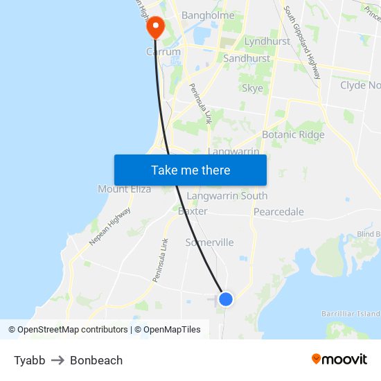 Tyabb to Bonbeach map