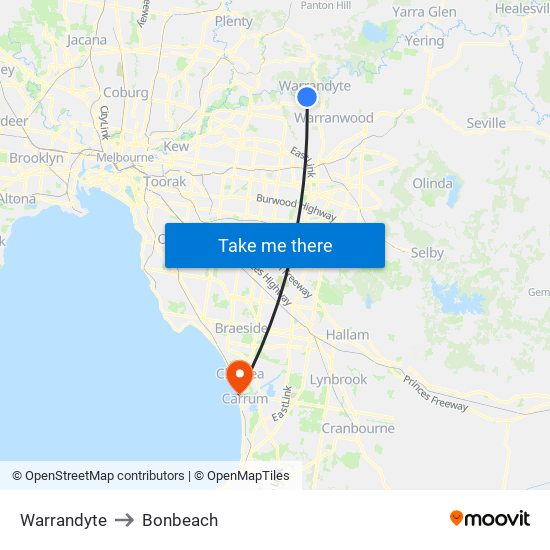 Warrandyte to Bonbeach map