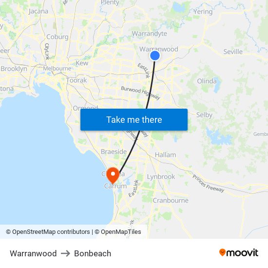 Warranwood to Bonbeach map