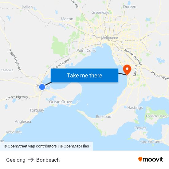 Geelong to Bonbeach map