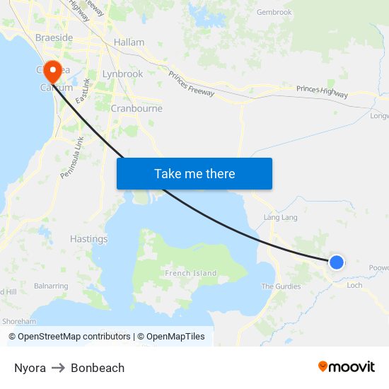 Nyora to Bonbeach map