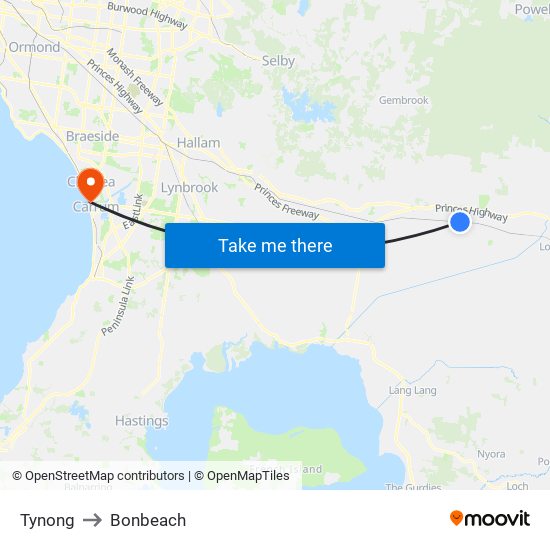 Tynong to Bonbeach map