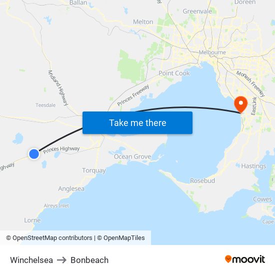 Winchelsea to Bonbeach map