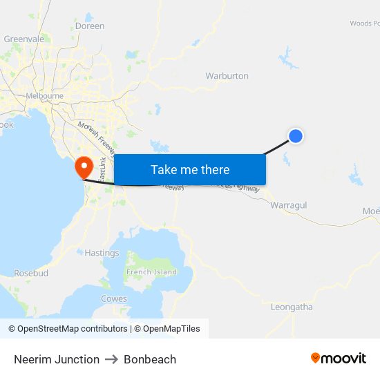 Neerim Junction to Bonbeach map