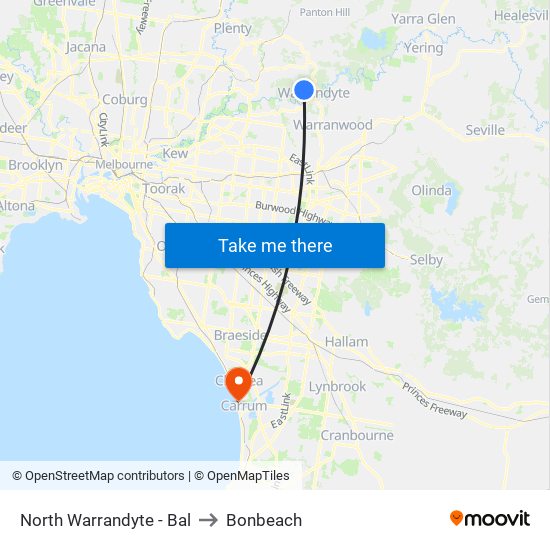 North Warrandyte - Bal to Bonbeach map