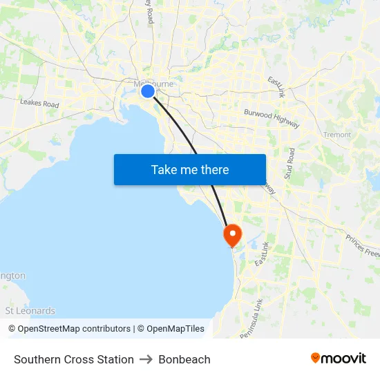 Southern Cross Station to Bonbeach map