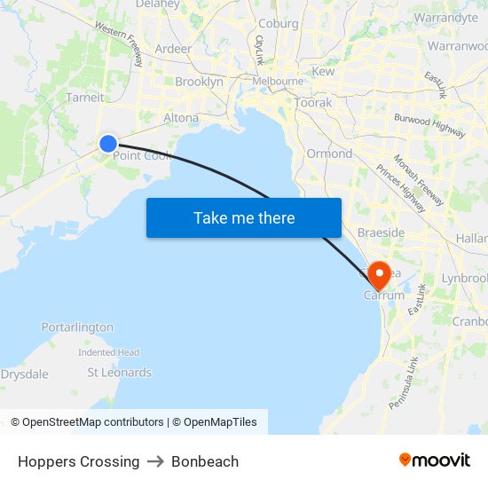 Hoppers Crossing to Bonbeach map