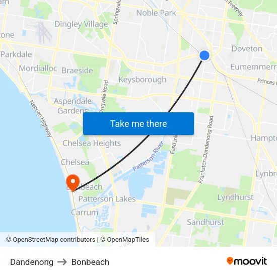 Dandenong to Bonbeach map