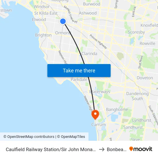 Caulfield Railway Station/Sir John Monash Dr to Bonbeach map