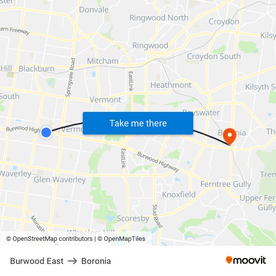 Burwood East to Boronia map