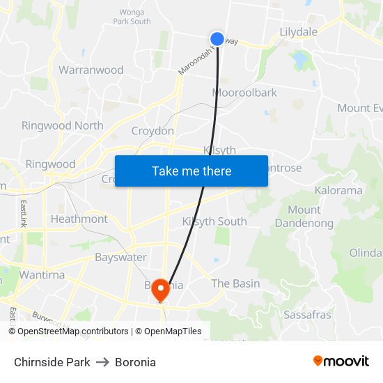 Chirnside Park to Boronia map