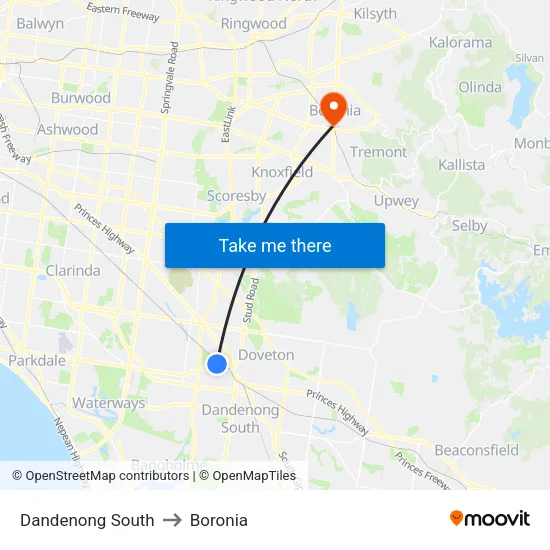 Dandenong South to Boronia map