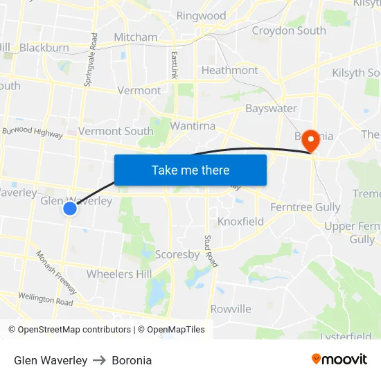 Glen Waverley to Boronia map
