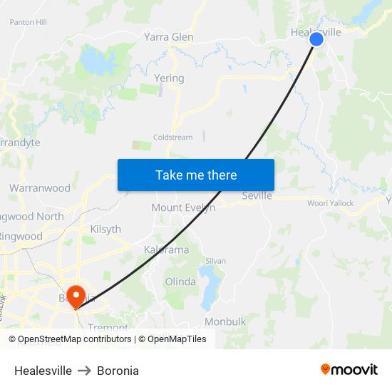 Healesville to Boronia map