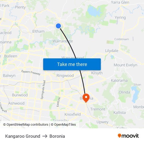 Kangaroo Ground to Boronia map