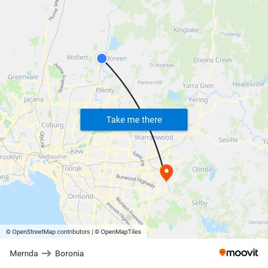 Mernda to Boronia map