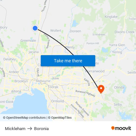 Mickleham to Boronia map