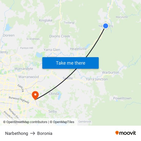 Narbethong to Boronia map