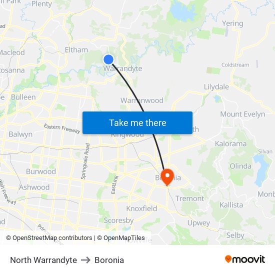 North Warrandyte to Boronia map