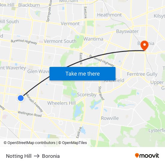 Notting Hill to Boronia map