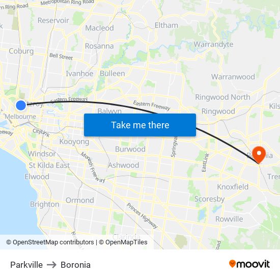 Parkville to Boronia map