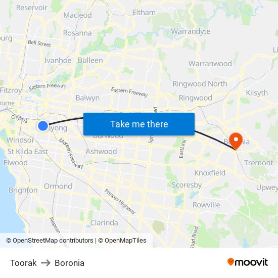 Toorak to Boronia map