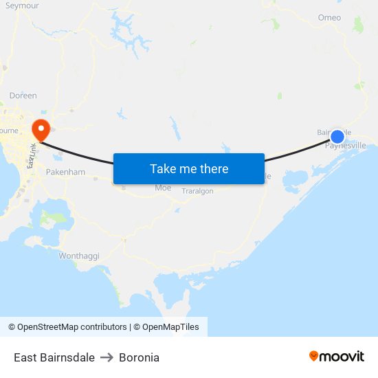 East Bairnsdale to Boronia map