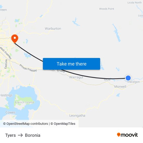 Tyers to Boronia map