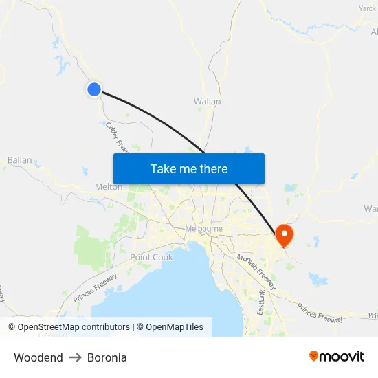 Woodend to Boronia map