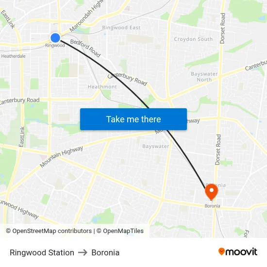 Ringwood Station to Boronia map