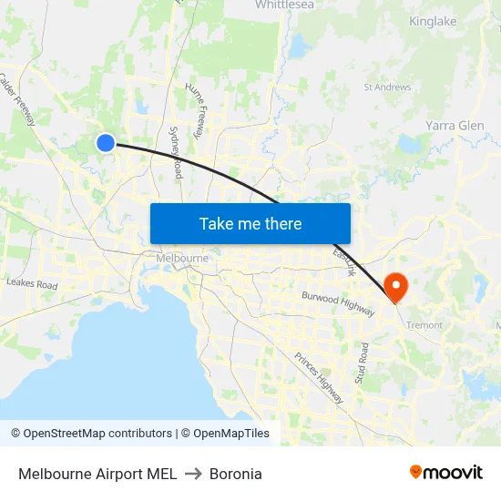 Melbourne Airport MEL to Boronia map