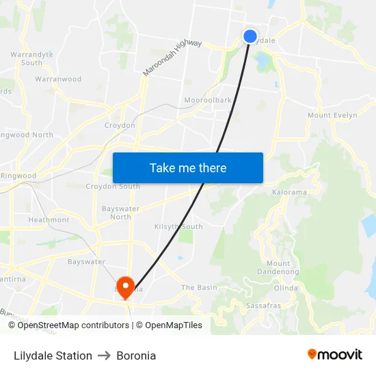 Lilydale Station to Boronia map
