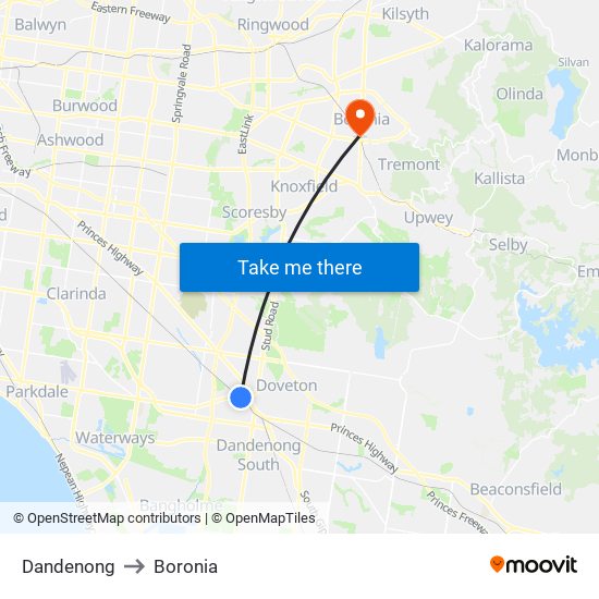 Dandenong to Boronia map