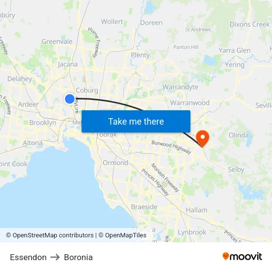 Essendon to Boronia map