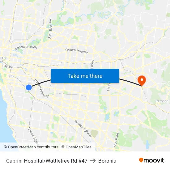 Cabrini Hospital/Wattletree Rd #47 to Boronia map