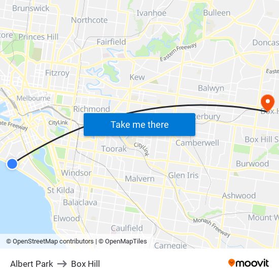 Albert Park to Box Hill map