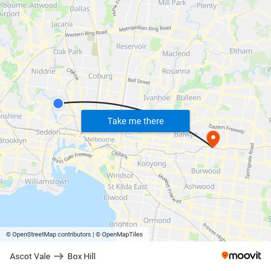 Ascot Vale to Box Hill map