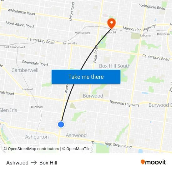 Ashwood to Box Hill map