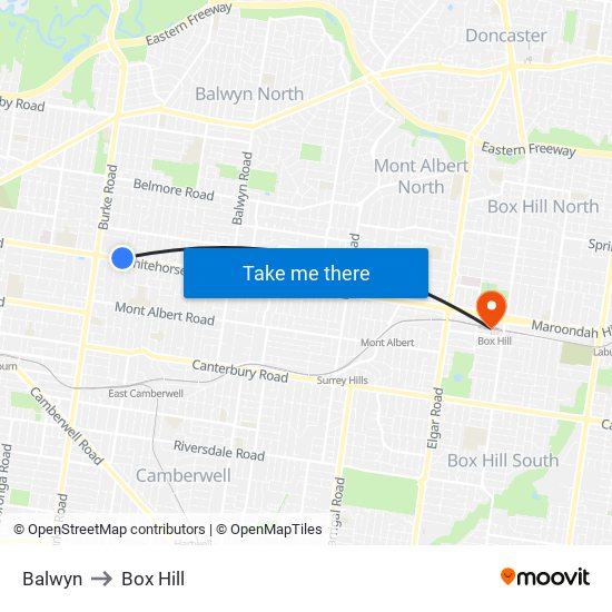 Balwyn to Box Hill map