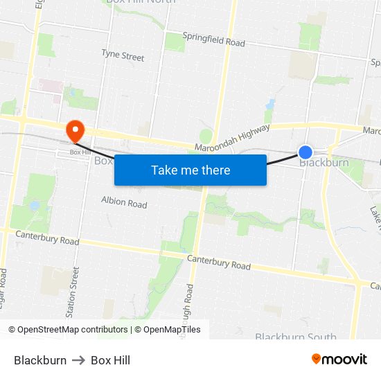 Blackburn to Box Hill map