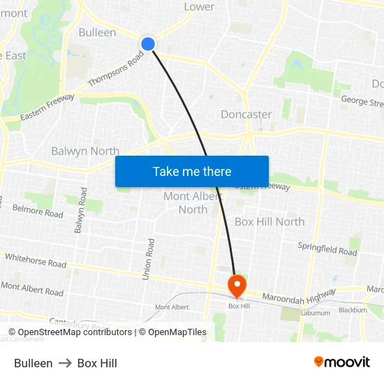 Bulleen to Box Hill map