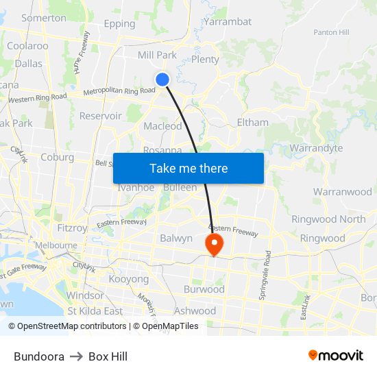 Bundoora to Box Hill map