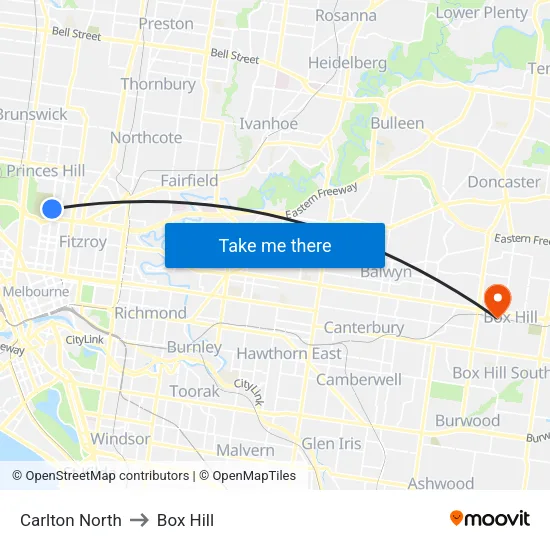 Carlton North to Box Hill map