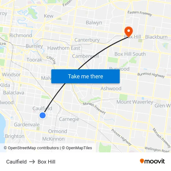 Caulfield to Box Hill map
