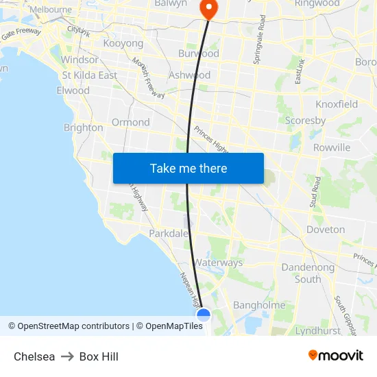 Chelsea to Box Hill map
