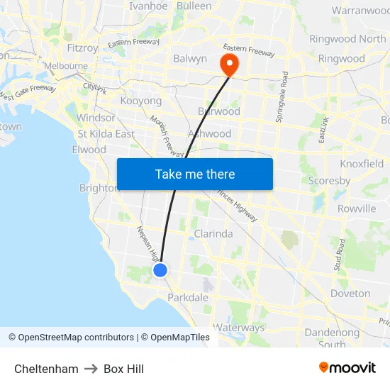 Cheltenham to Box Hill map
